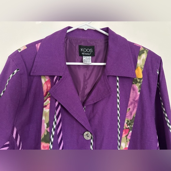 Koos of Course Purple Linen Blend Floral Striped Checker Silk Ribbon Blazer - Picture 6 of 8